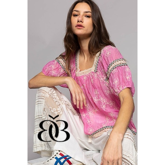 POL Pink Floral Embroidered Square Neck Chiffon Top Oversized - Picture 3 of 10